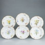 6 Speiseteller - Marseille: Blumenbukett mit Insekten. Meissen um 1860-1880, Sonderbemalung