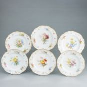 6 Speiseteller - Marseille: Blumenbukett mit Insekten. Meissen um 1860-1880, Sonderbemalung