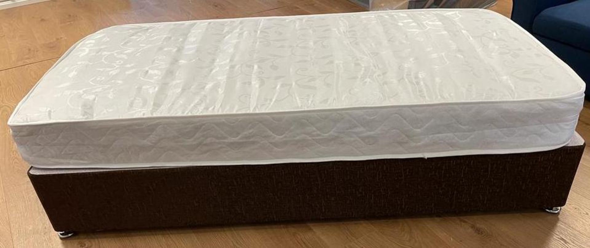 Brand New 3ft bed base in a light brown chenille with 800 pocket sprung Mattress.