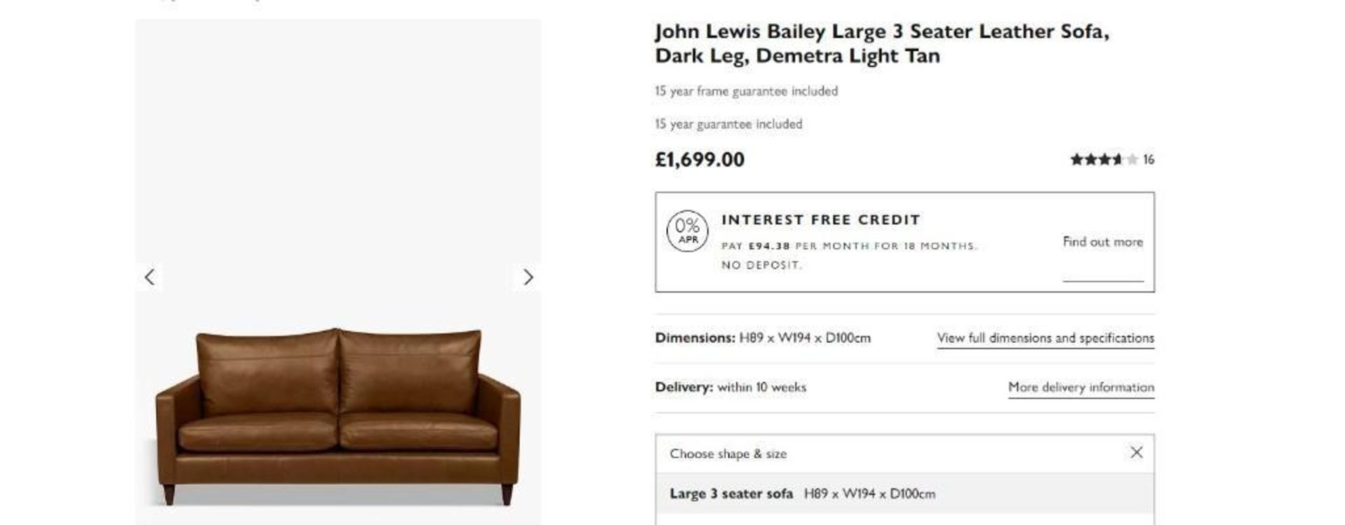 BRAND NEW John Lewis Bailey full leather 3 seater sofa in Tan. RRP: £1,699.00 - Image 4 of 4