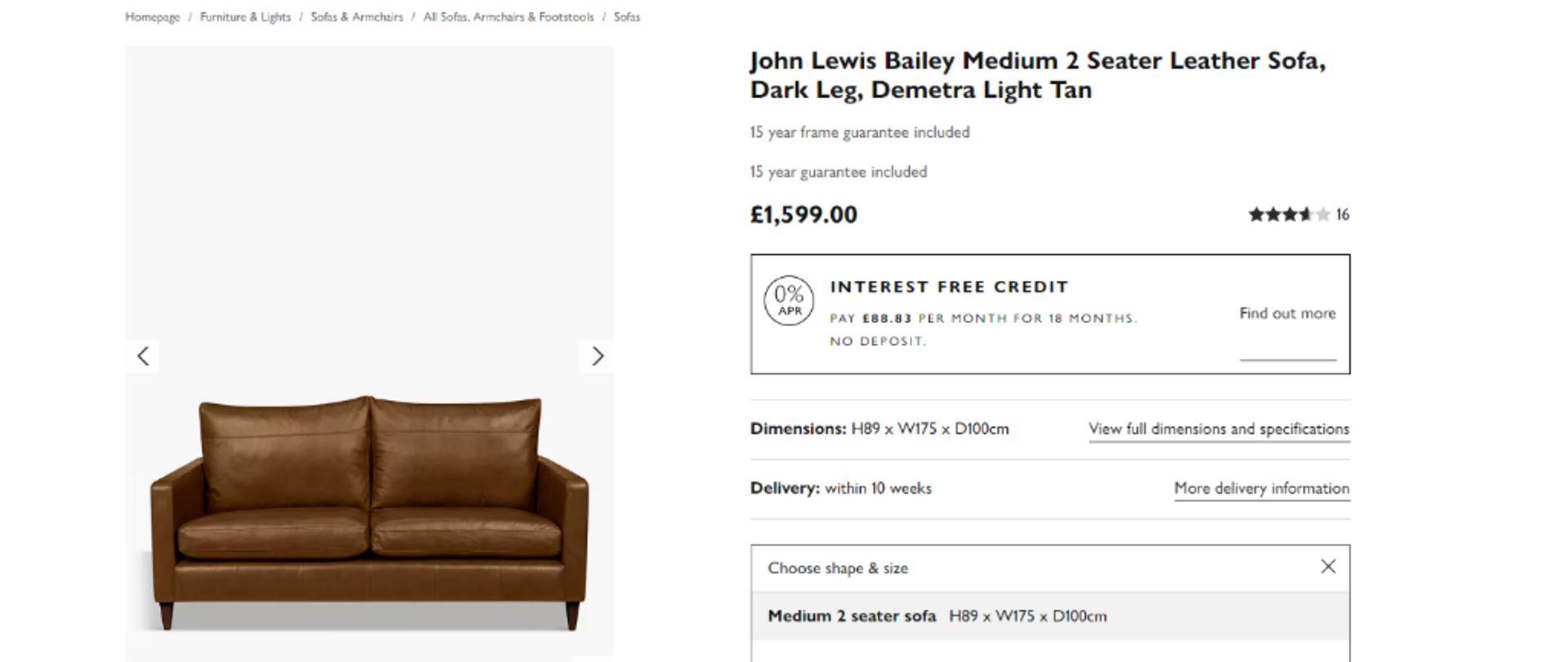BRAND NEW John Lewis Bailey full leather 2 seater sofa in Tan. RRP: £1,599.00 - Image 4 of 4
