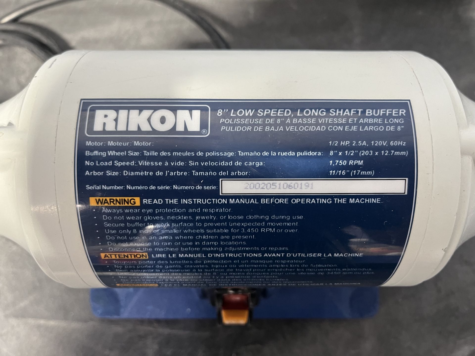 Rikon Buff motor, Bench buffer 8" long shaft - Low speed, per customer excellent condition - Image 2 of 3