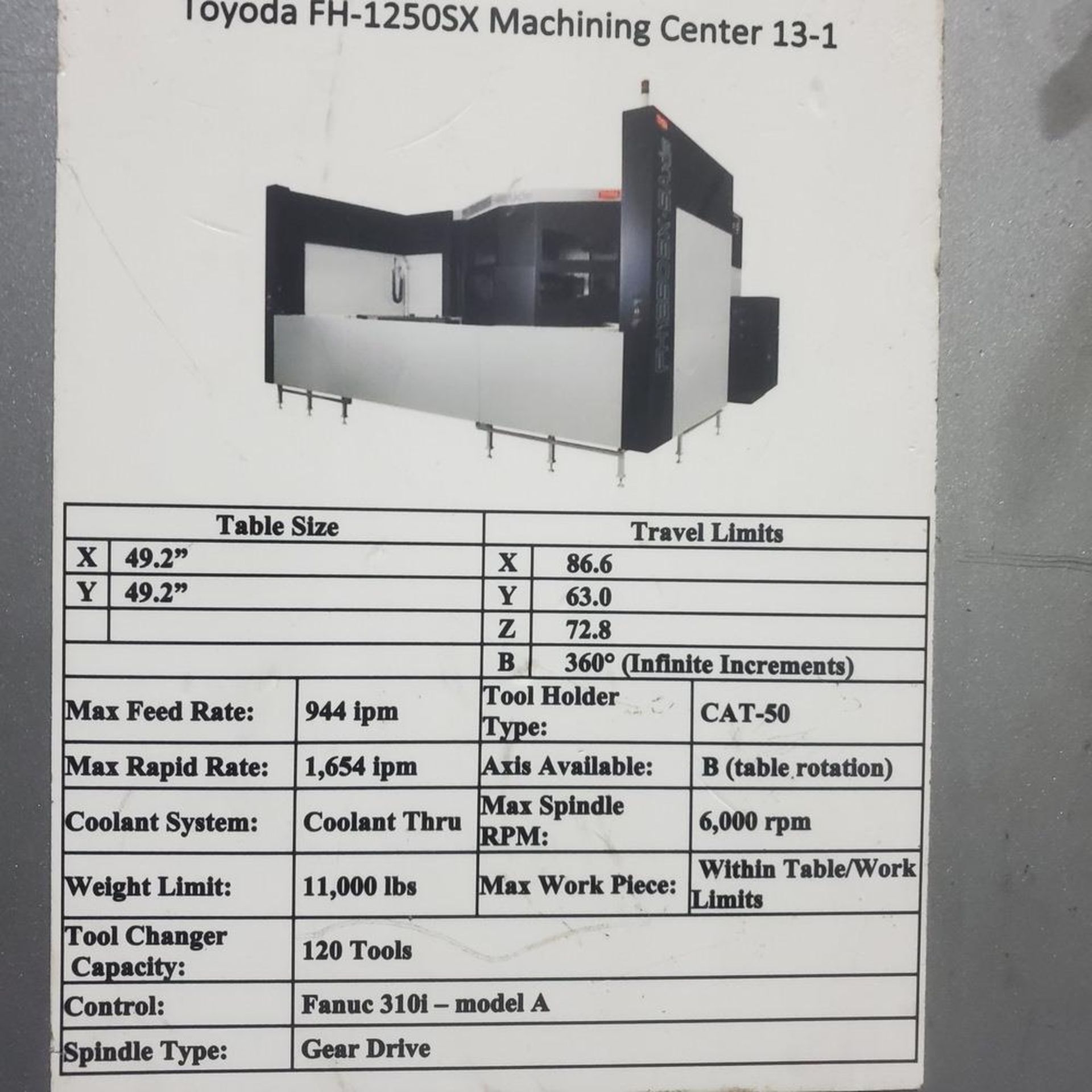 2014 Toyoda FH-1250SX Large Capacity Heavy Duty Horizontal Machining Center, Dual 1250MM Palets, 86" - Image 27 of 27