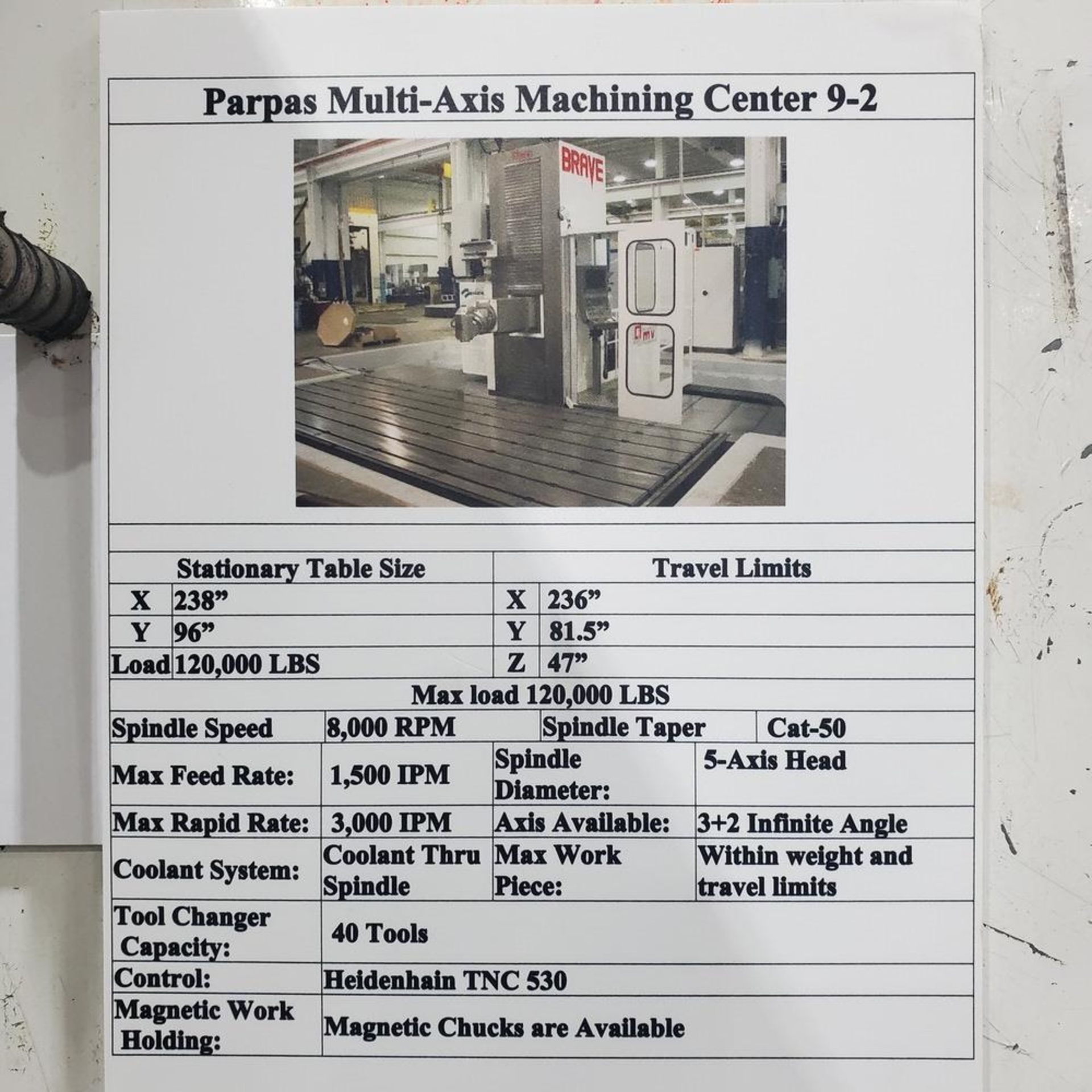 Parpas OMV Brave Multi Axis Machining Center, 236" X 81" X 47 " Travels, 120,000 LBS Table Load - Image 12 of 12