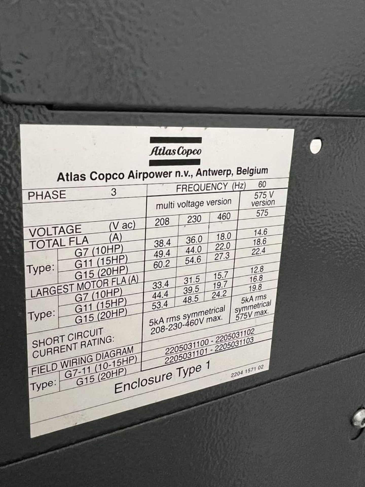 2018 Atlas Copco G15FF Rotary Screw Air Compressor, Working Pressure 125 PSIG, - Image 4 of 7