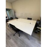 (3) Two Sided Office Desks 72" x 30" x 29 1/2", (6) Chairs, (7) 2 Drawer Filing Cabinets 35" x 22" x