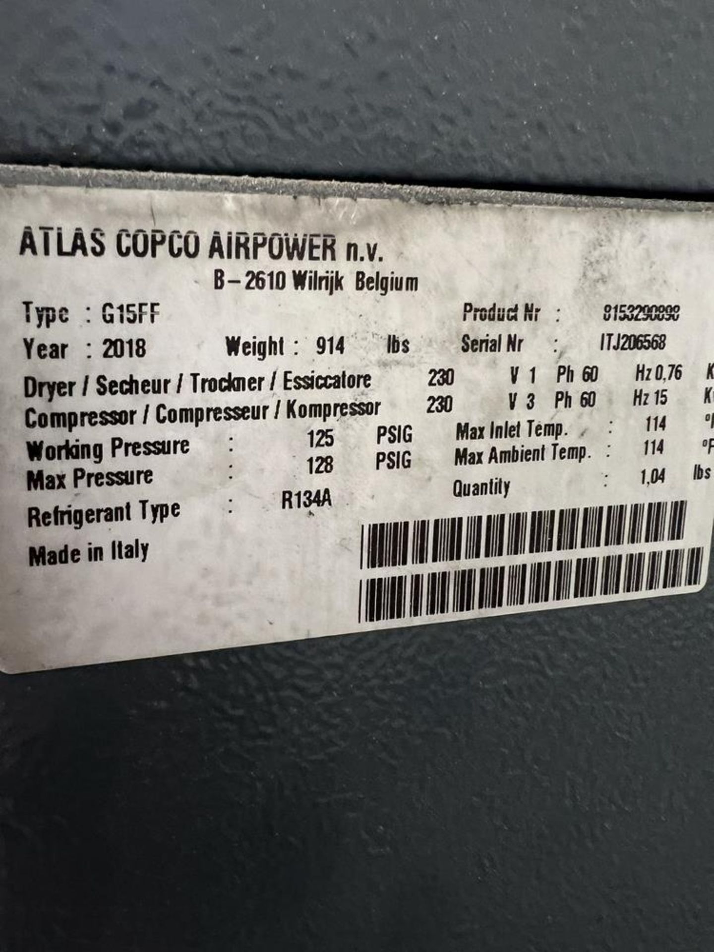 2018 Atlas Copco G15FF Rotary Screw Air Compressor, Working Pressure 125 PSIG, - Bild 3 aus 7