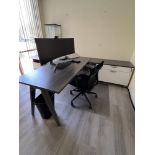 Office With Deck with (2) Shelving Systems & 2 Drawers, 1 Chari & Filing Cabinet