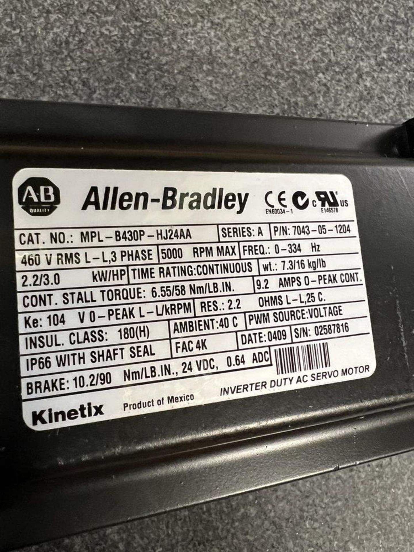 (2) Allen Bradley MP Series Small Frame Brushless Servo Motor New in Box, MPL-B430P-HJ24AA - Image 8 of 9