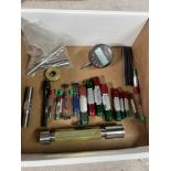 Box of Various Size Go & No Go Pin Gage Holders, Misc. Thread Gages, Pin Gages & SPI Digital Drop