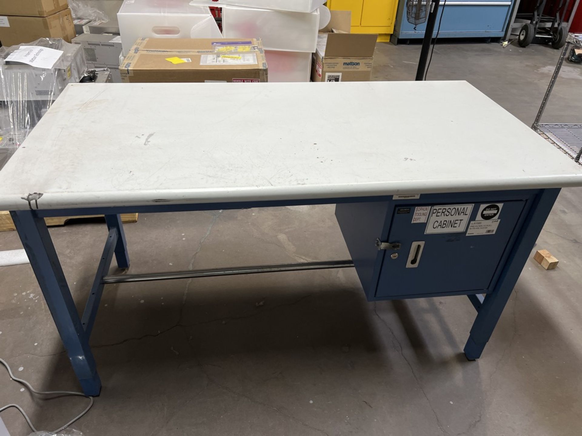 (2) Global Industrial Adjustable Work Tables, (1) With Cabinet & Powerstrip, (1) 2 Tier Table 60" - Image 2 of 5