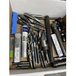 Box of Various Size Drills, End Mills, Boring Bar, Collet Holders & Boring Bar Tapping Head & Taps