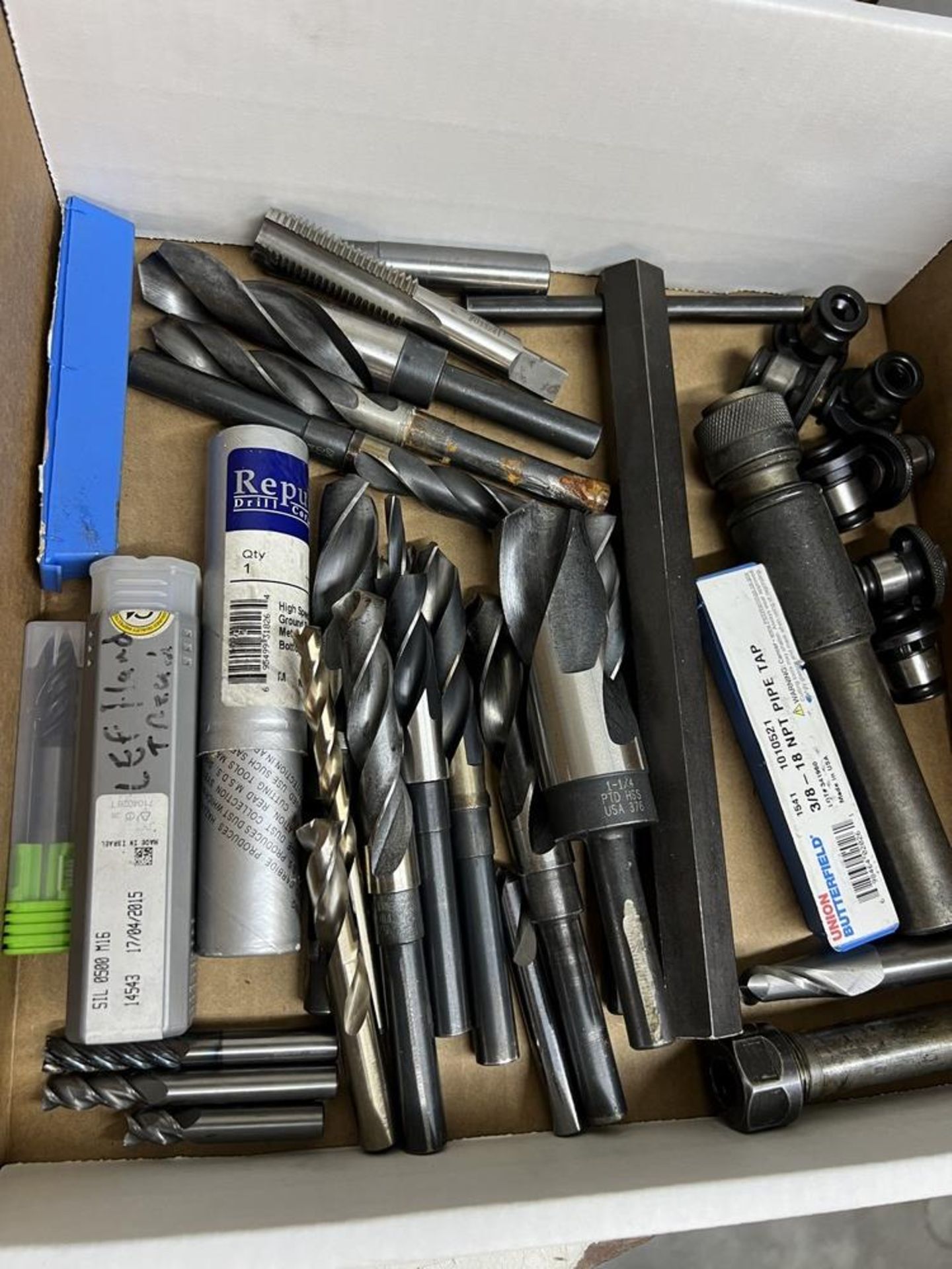 Box of Various Size Drills, End Mills, Boring Bar, Collet Holders & Boring Bar Tapping Head & Taps