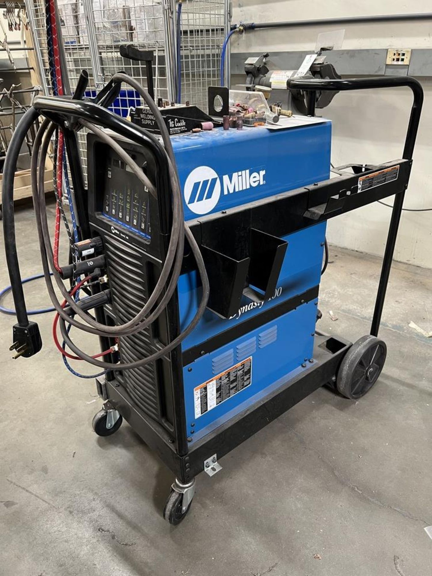 Miller Dynasty 400 With Replacement Tips & Welding Gun on Rolling Cart (No Tank Included) With
