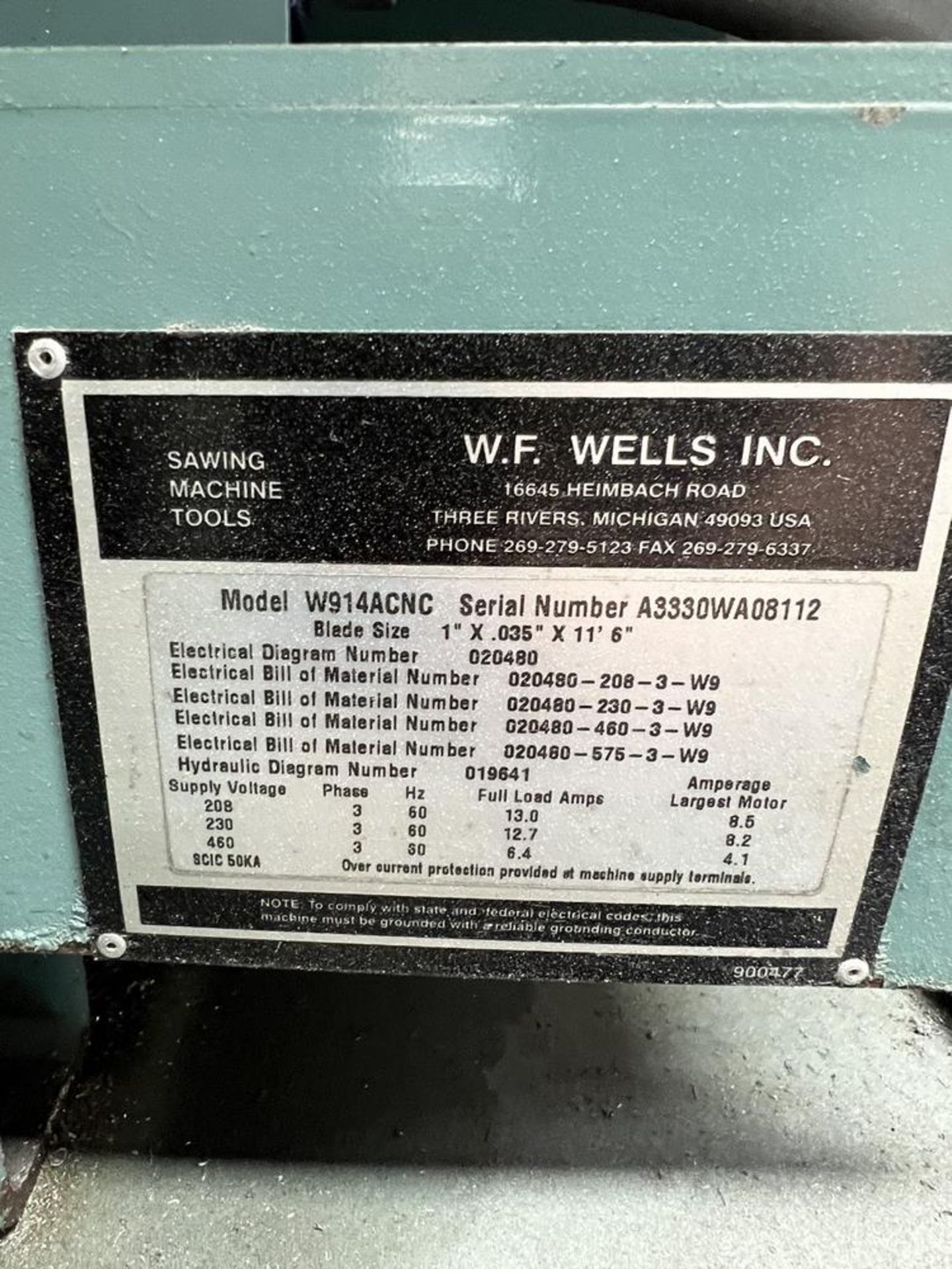 2008 W.F. Wells CNC Horizontal Band Saw Model W-914ACNC. Blade Size 1" x .035" x 11'6" Auto Feed, - Image 16 of 19