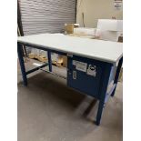 (2) Global Industrial Adjustable Work Tables, (1) With Cabinet & Powerstrip, (1) 2 Tier Table 60"