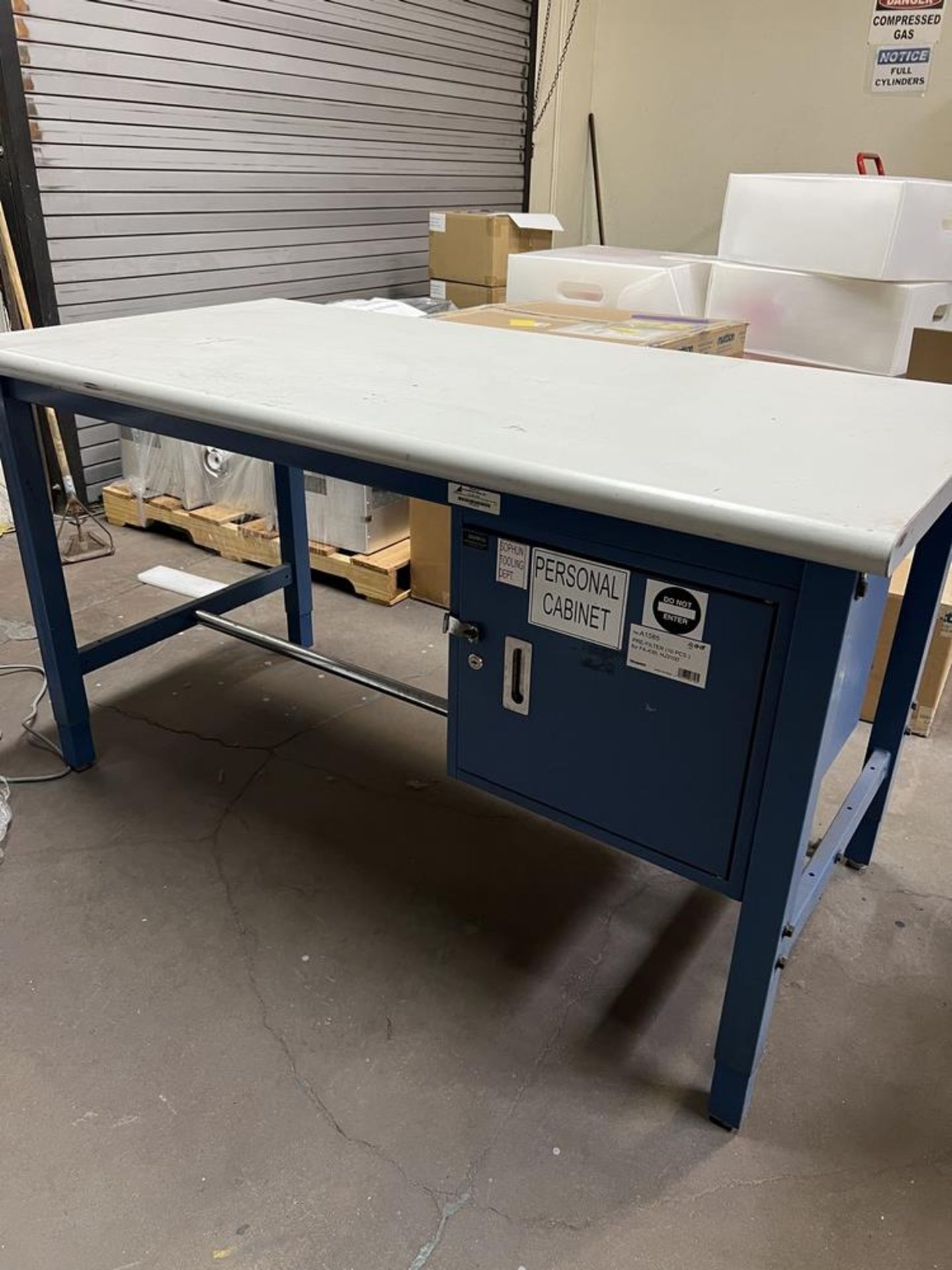 (2) Global Industrial Adjustable Work Tables, (1) With Cabinet & Powerstrip, (1) 2 Tier Table 60"