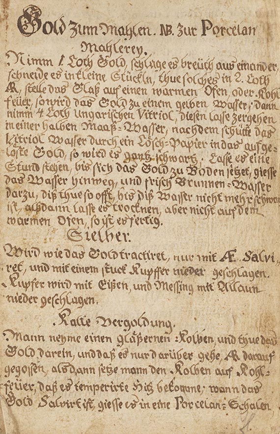 Porzellanmalerei, Fragment eines Rezeptbuchs. Deutsche Handschrift auf Papier. Erste Hälfte 18. Jh.