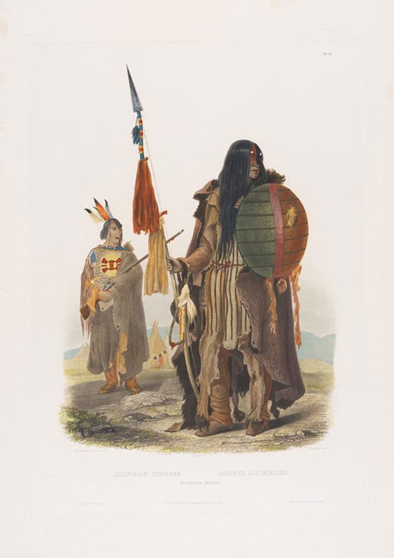 Karl Bodmer, Assiniboin Indianer. Kolorierte Aquatintaradierung.