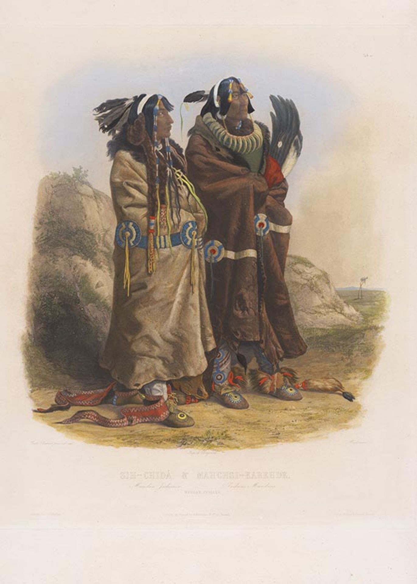 Karl Bodmer, Sih-Chidä & Mahchsi-Karehde. Mandan Indianer. Kolorierte Aquatintaradierung.