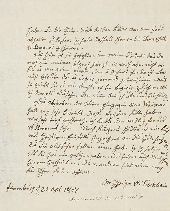 Johann Wilhelm Heinrich Tischbein, genannt 'Goethe-Tischbein'. Eigenh. Brief m. U. Hamburg 1807.