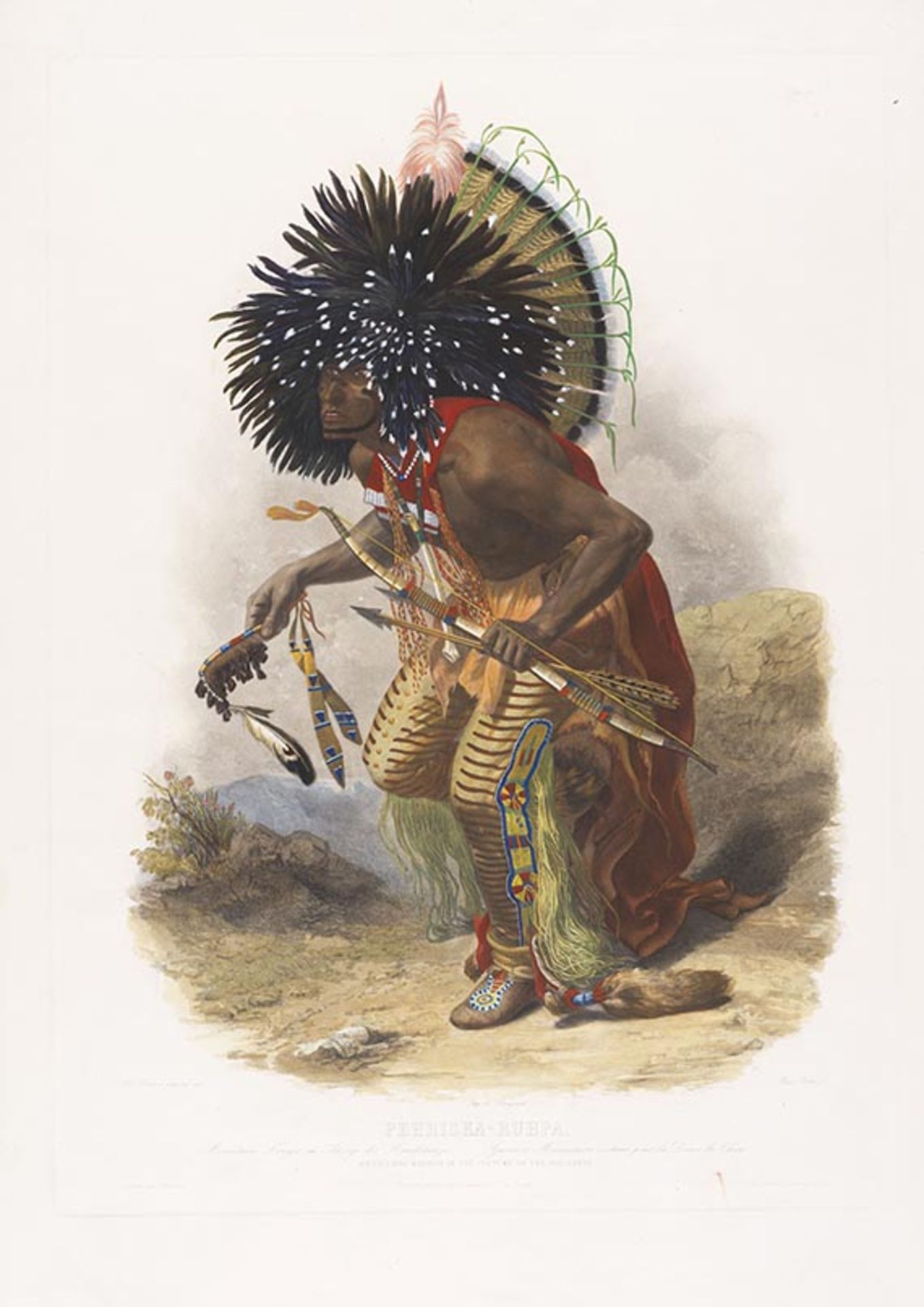 Karl Bodmer, Pehriska-Ruhpa. Mönnitarri-Krieger im Anzuge des Hundetanzes.