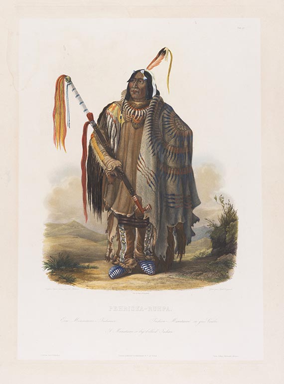 Karl Bodmer, Pehriska-Ruhpa. Ein Mönnetarri-Indianer. Kolorierte Aquatintaradierung.