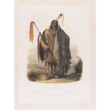 Karl Bodmer, Pehriska-Ruhpa. Ein Mönnetarri-Indianer. Kolorierte Aquatintaradierung.