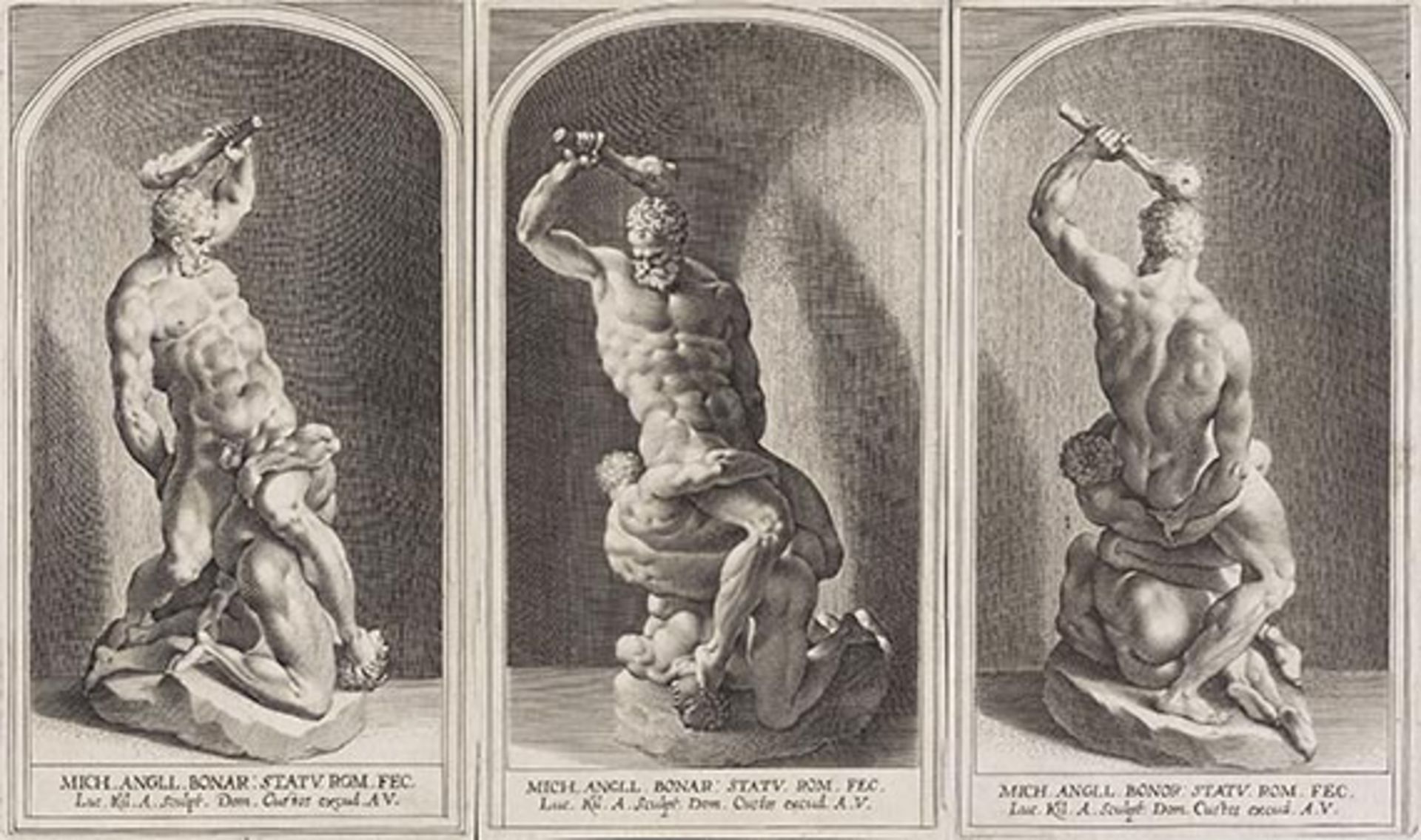 Lucas Kilian, Herkules erschlägt Cacus, nach Michelangelo. 3 Orig.-Kupferstiche.