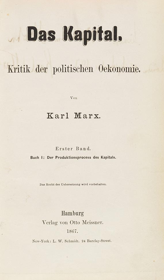 Karl Marx, Das Kapital. Kritik der politischen Oekonomie. Hamburg und New York.