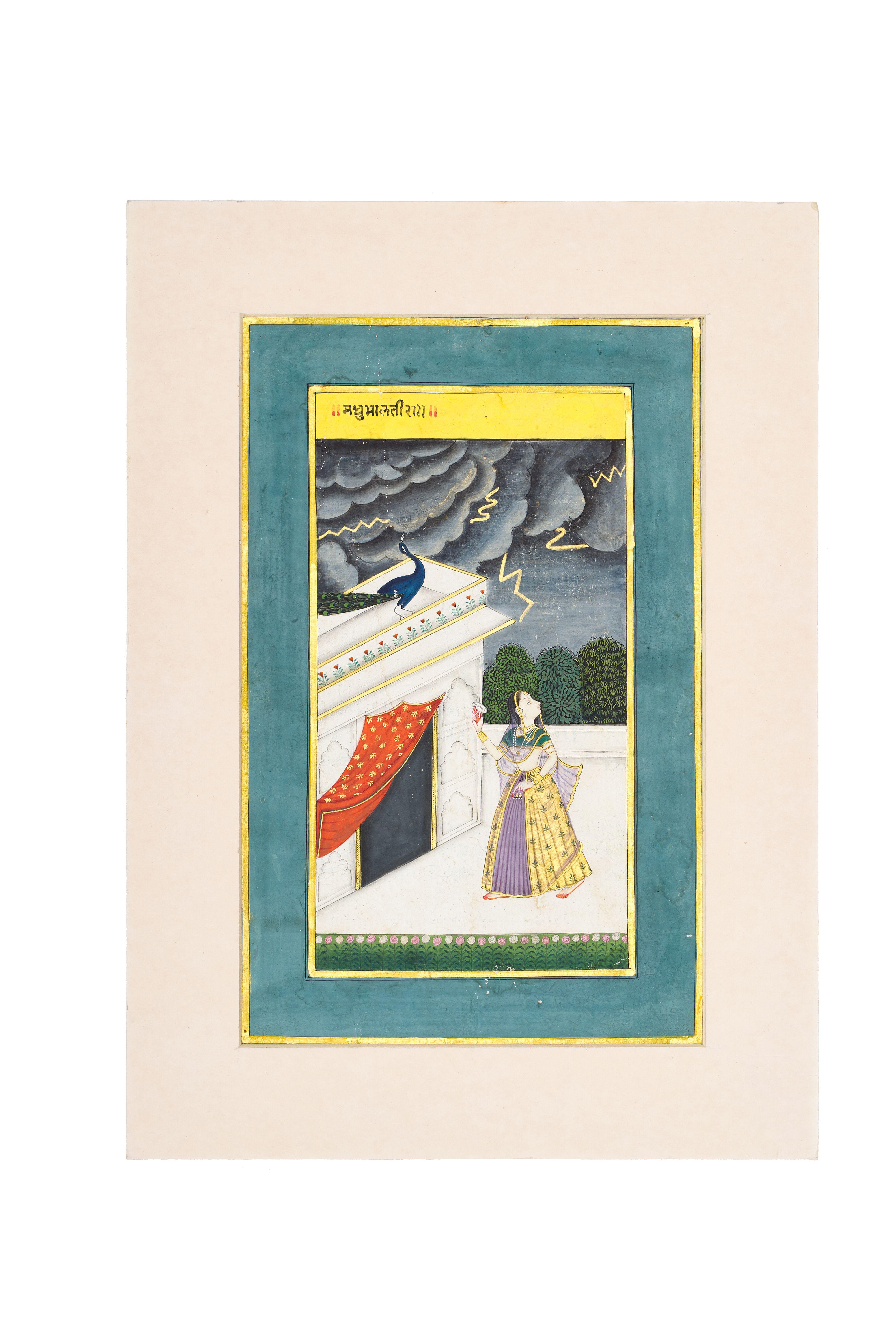 A 19TH CENTURY NIGHT SCENE INDIAN MINIATURE DEPICTING A LADY TAKING SHELTER FROM THUNDER