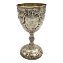 A VICTORIAN SILVER GOBLET WITH EMBOSSED DECORATION AND AN AGRICULTURAL RELATED INSCRIPTION, BH, 1869