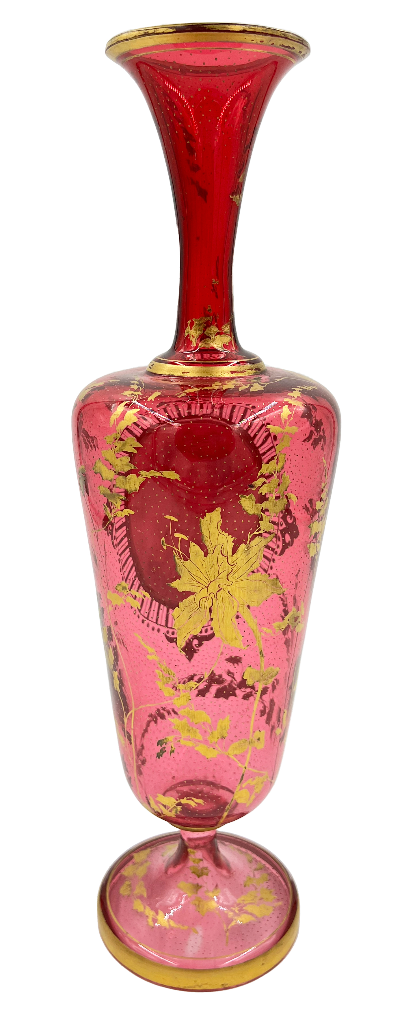LARGE 19TH CENTURY BOHEMIAN GLASS VASE WITH GOLD GILDING AND HAND PAINTED PORCELAIN PLAQUE - Image 2 of 3