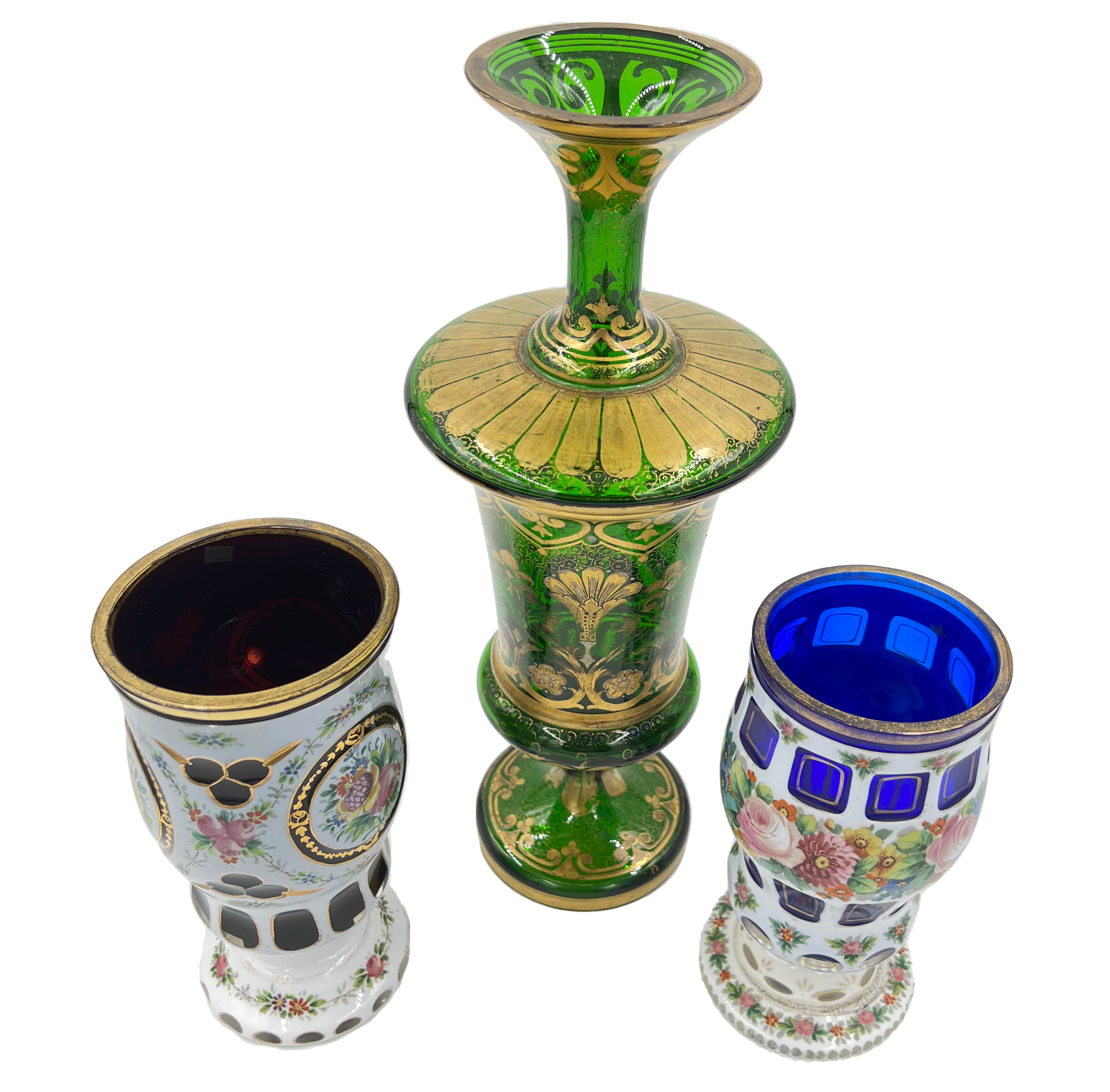 FLORAL TRIO: BOHEMIAN GLASS CUPS AND VASE ENSEMBLE - Image 2 of 2