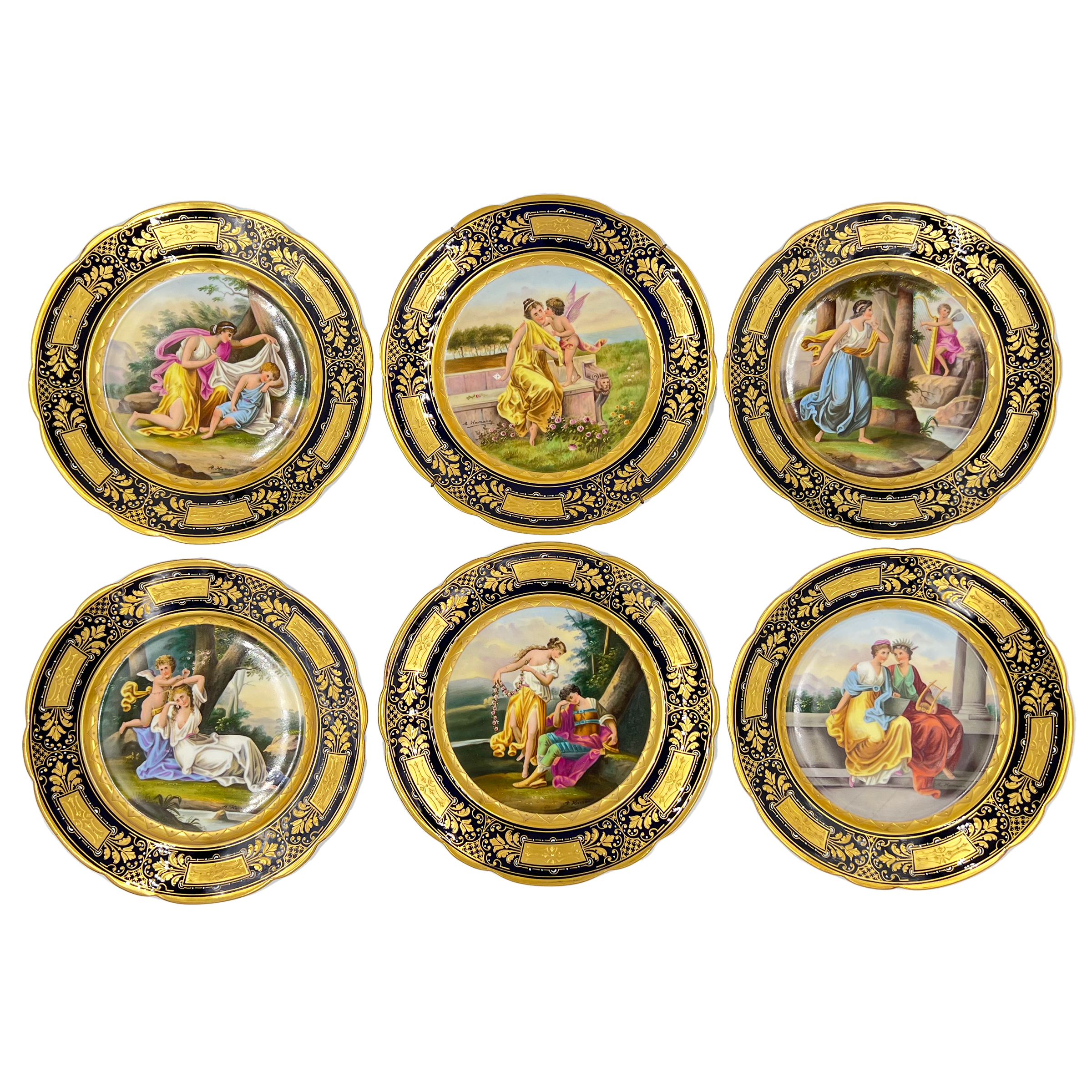 SET OF SIX SIGNED AND HAND PAINTED VIENNA PORCELAIN PLATES