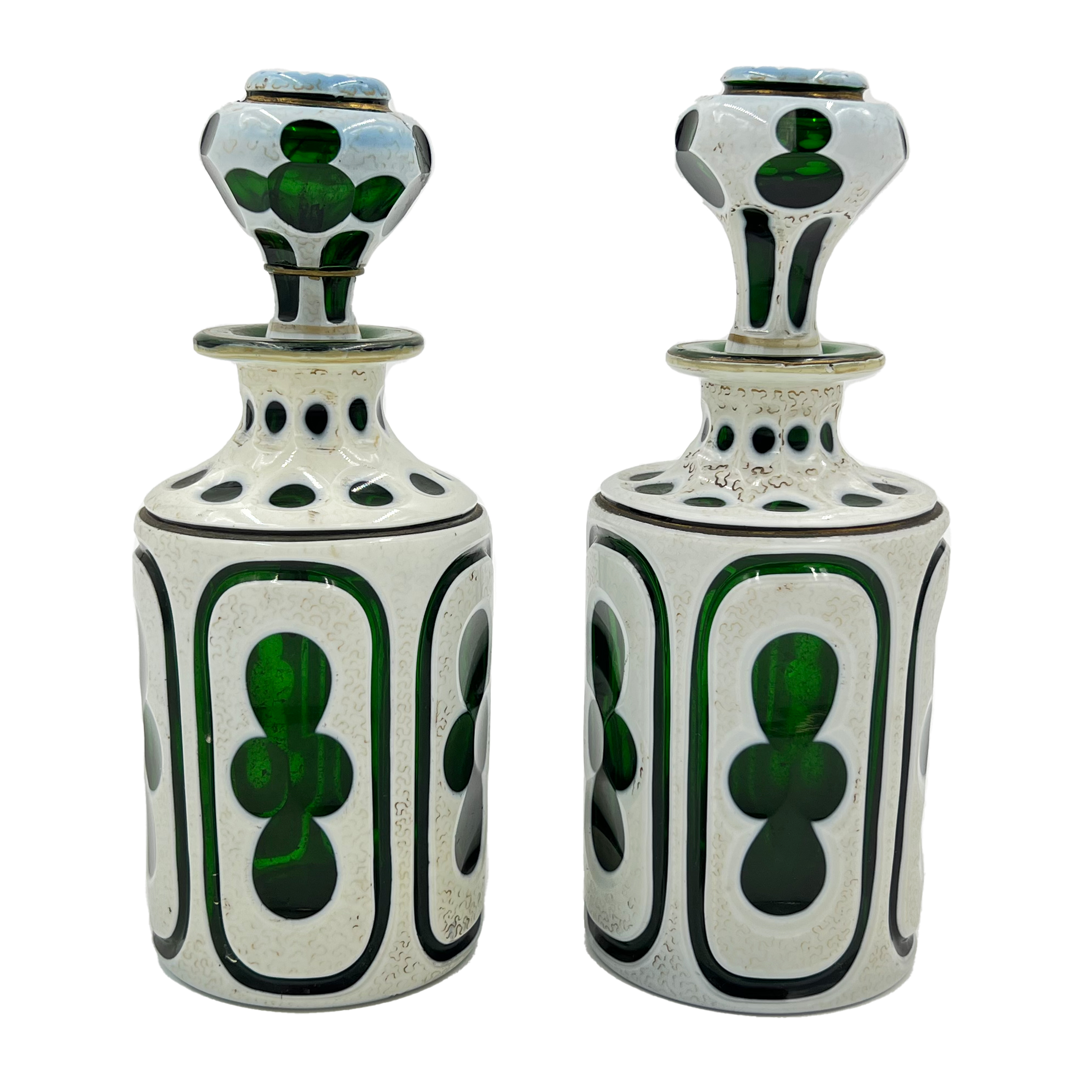 TWO OVERLAID BOHEMIAN GREEN GLASS BOTTLES, 19TH CENTURY