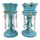 TWO SKY BLUE OPALINE GLASS LUSTRES