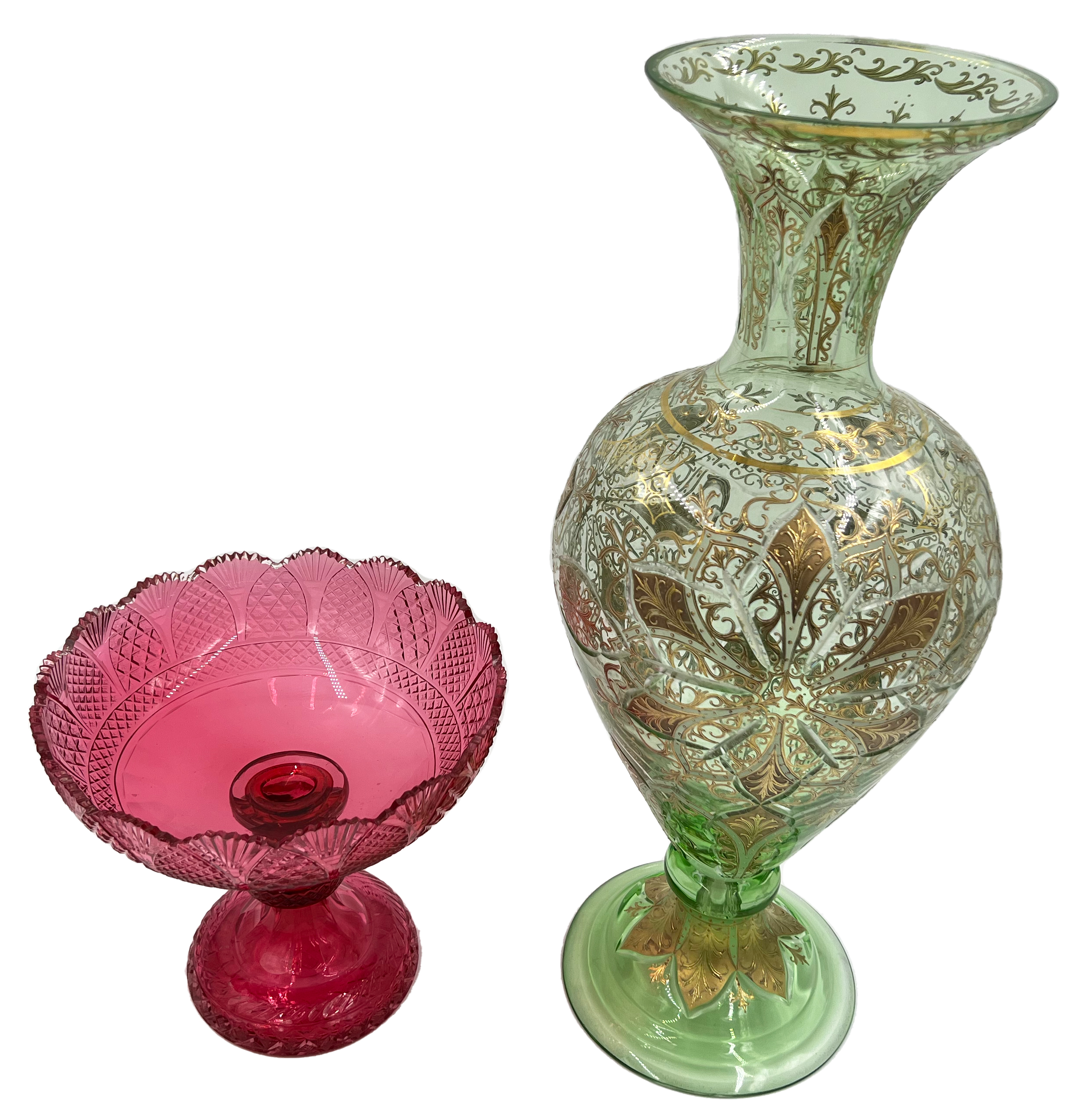 RUBY BOHEMIAN GLASS TAZZA AND LARGE GREEN GLASS VASE - Image 2 of 2