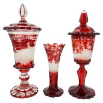 BOHEMIAN RUBY-STAINED GLASS GOBLET TRIO