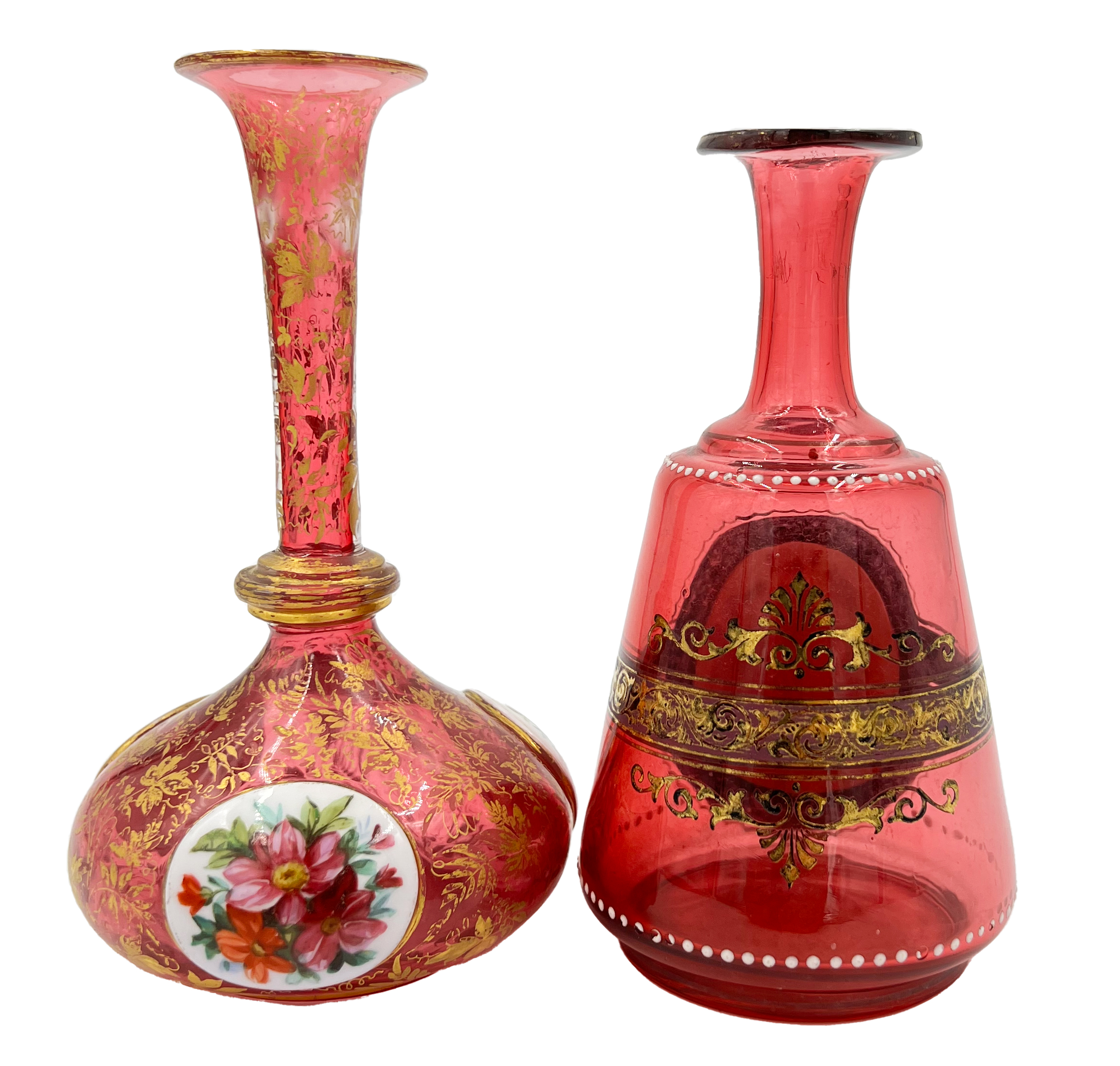 TWO RED BOHEMIAN GLASS VASES WITH OVAL PLAQUES, 19TH CENTURY - Image 3 of 3