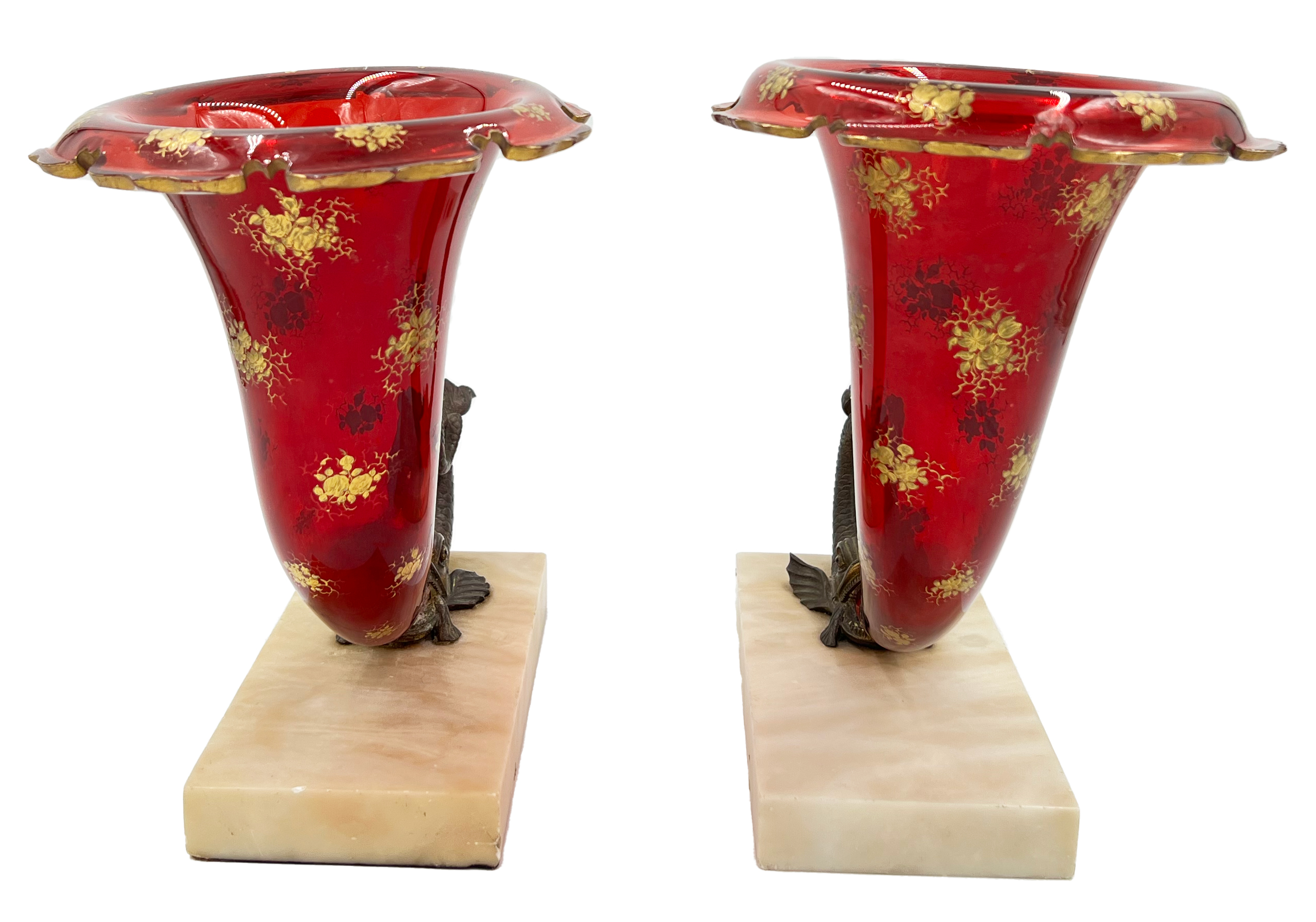 PAIR OF RARE BOHEMIAN RUBY GLASS CORNUCOPIA VASES - Image 3 of 5