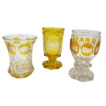 CLASSIC AMBER APPEAL – THREE 19TH CENTURY BOHEMIAN AMBER AND CLEAR GLASS GOBLETS