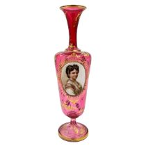 LARGE 19TH CENTURY BOHEMIAN GLASS VASE WITH GOLD GILDING AND HAND PAINTED PORCELAIN PLAQUE