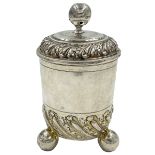 A RARE AND EARLY AUGSBURG SILVER TEA CADDY STANDING ON THREE LARGE PEG FEET, 1850