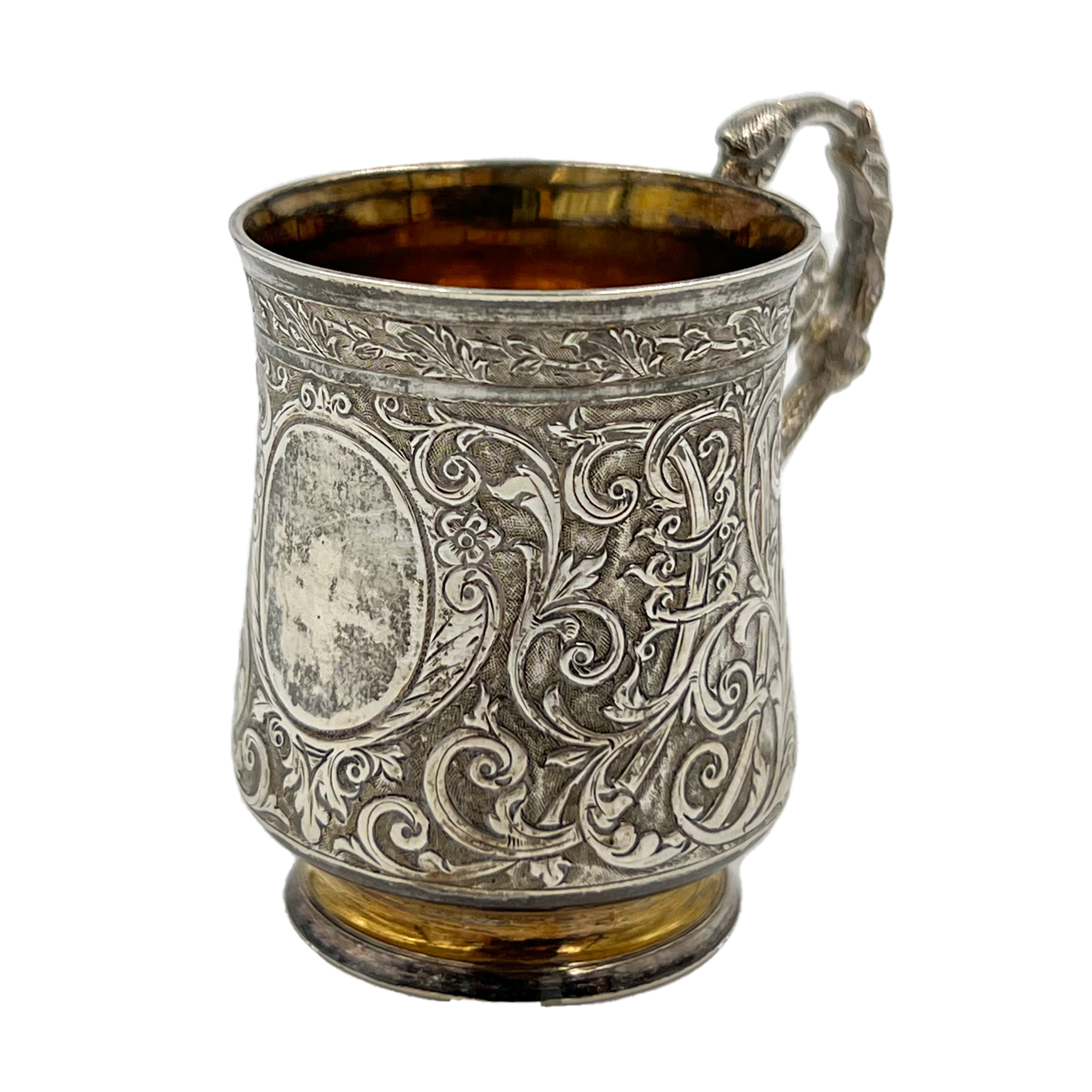 A MINIATURE SILVER TANKARD WITH EXTENSIVE EMBOSSED DECORATION, FRENCH, EARLY 20TH CENTURY