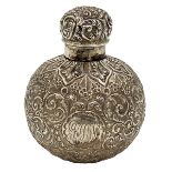 A SILVER LID PERFUME BOTTLE WITH EMBOSSED DECORATION TO BODY, BIRMINGHAM, DEAKIN & FRANCIS, 1869