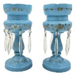 PAIR OF SKY BLUE OPALINE GLASS LUSTRES