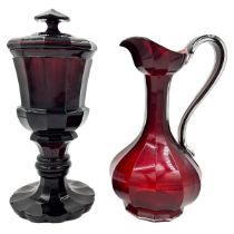 RED ELEGANCE: BOHEMIAN GLASS EWER AND GOBLET DUO