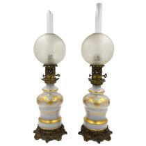 PAIR OF FRENCH GLASS OPALINE OIL LAMPS