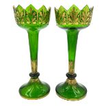 LUSTROUS PAIR OF GREEN AND GOLD BOHEMIAN GLASS LUSTRES